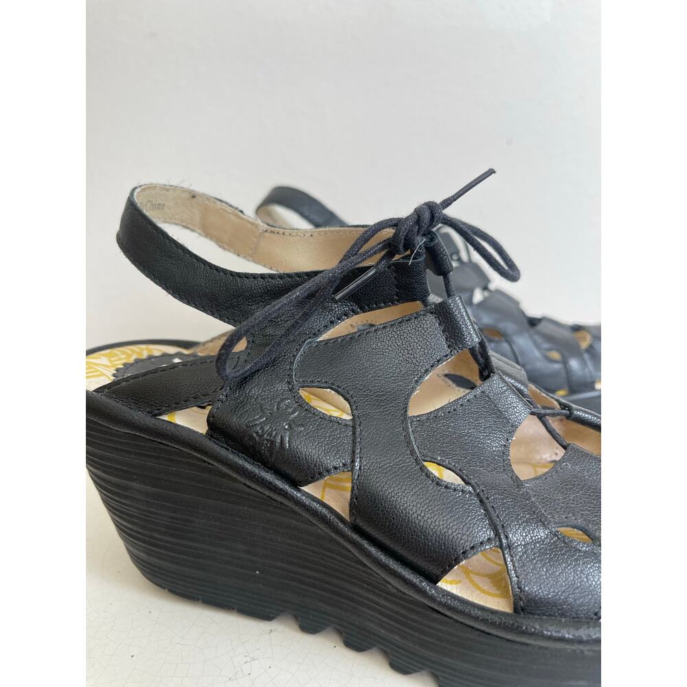 Fly London Black Leather Crisscross Wedge Sandals - Picture 2 of 10